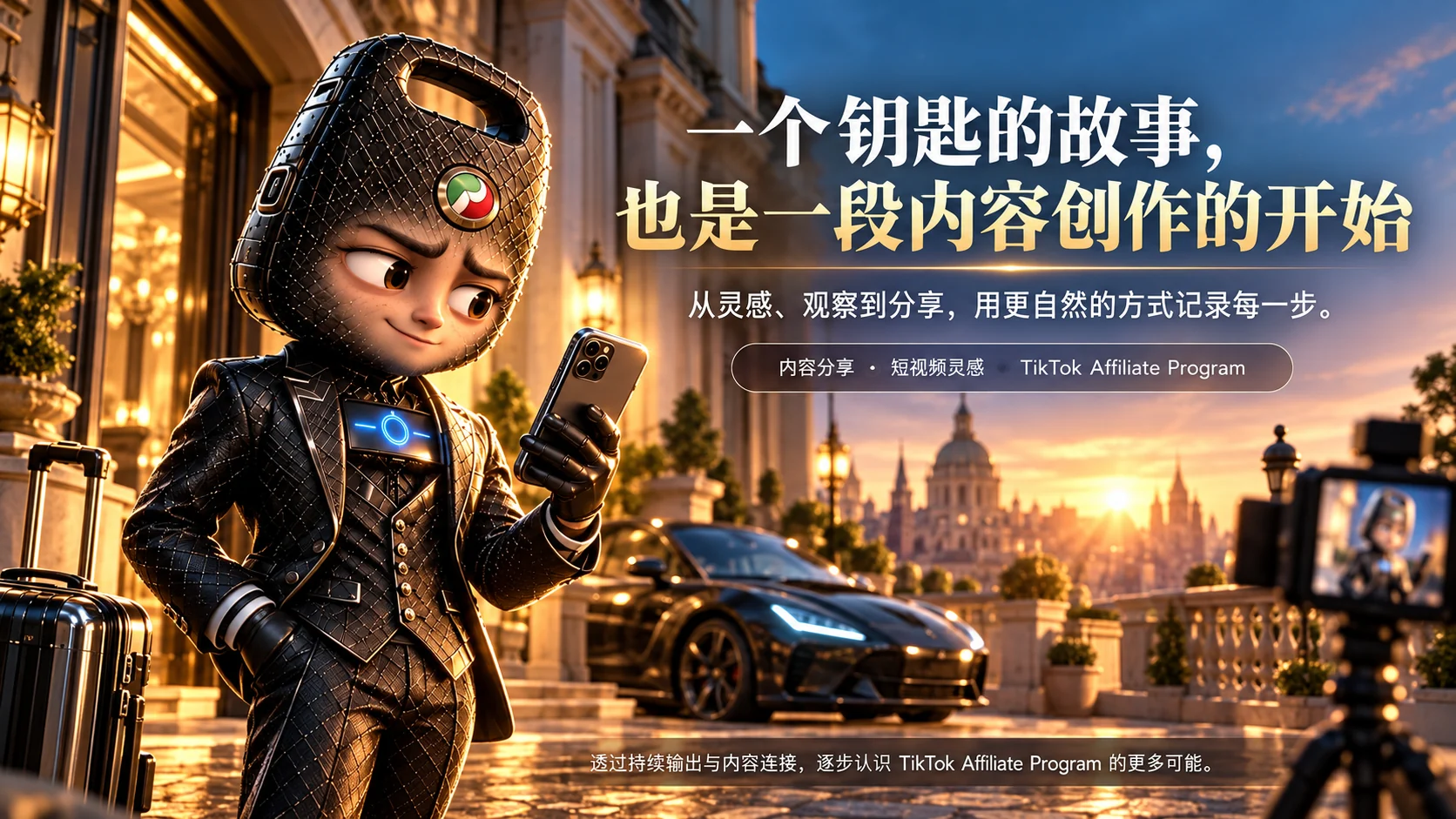 3D钥匙角色手持手机，探索数字内容创作的可能